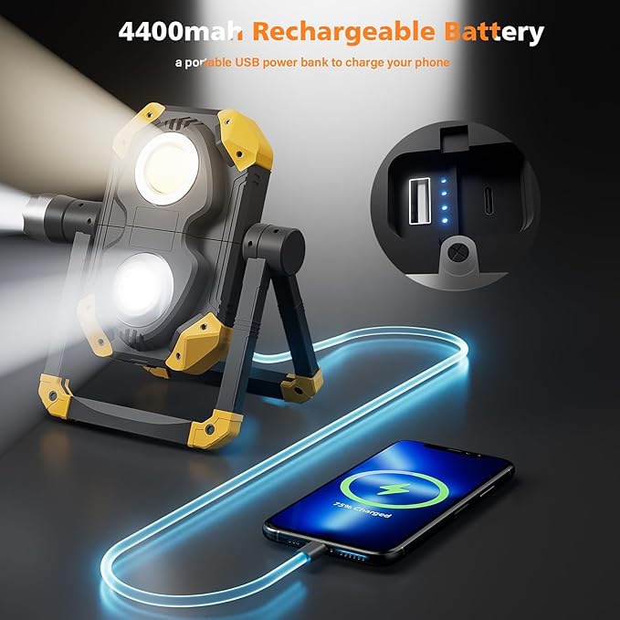 2 Pack 2500LM Magnetic Rechargeable Work Light, LED Work Light Rechargeable with 360° Rotation Stand & Foldable Design, 5 Lighting Modes Magnetic Flashlight for Car Repairing Camping Emergency