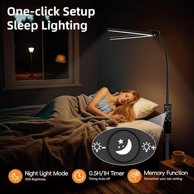 24W/2400LM Dual Head LED Floor Lamp for Living Room, Reading Standing Task Lamp for Office, Adjustable Panels with Remote, No Glare Puzzle Light for Tattoo, Piano, Sewing, Lash, Craft