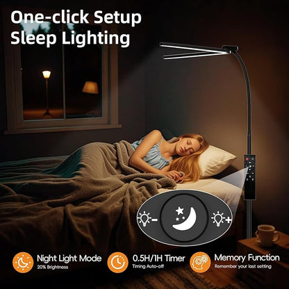 24W/2400LM Dual Head LED Floor Lamp for Living Room, Reading Standing Task Lamp for Office, Adjustable Panels with Remote, No Glare Puzzle Light for Tattoo, Piano, Sewing, Lash, Craft