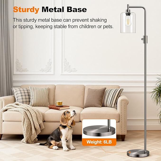 【Upgraded】Dimmable Floor Lamp for Living Room with Glass Lampshade, Brushed Nickel Modern Floor Lamp with 900LM LED Bulb Included, Bright Standing Tall Lamp for Bedroom, Office, Reading Room, Corner