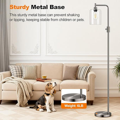 【Upgraded】Dimmable Floor Lamp for Living Room with Glass Lampshade, Brushed Nickel Modern Floor Lamp with 900LM LED Bulb Included, Bright Standing Tall Lamp for Bedroom, Office, Reading Room, Corner