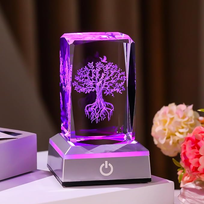 Tree of Life Crystal Cube - 3D Laser Engraved Color Changing LED Light Base | Premium Home Desk Decor, Spiritual Gifts for Women Men, Night Light & Paperweight