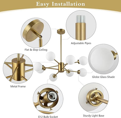 WINGBO 8-Light Sputnik Chandelier, Modern Pendant Light Fixture with 4.7" Opal White Glass Globe Shade for Flat and Slop Ceiling, Height Adjustable for Kitchen Living Room Dining Room Bedroom, Gold