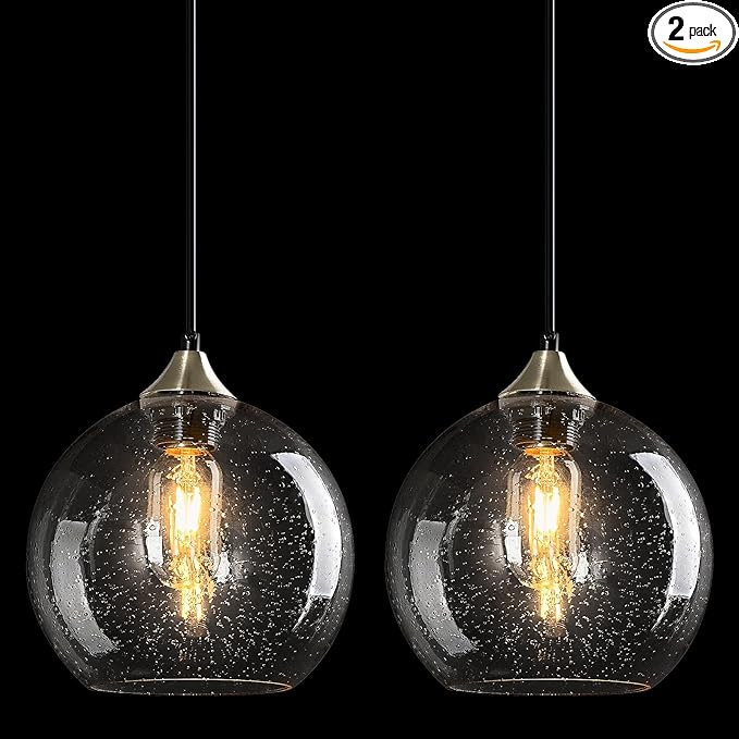 Clear Glass Pendant Lights Kitchen Island Lighting Globe Pendant Light Fixtures Modern Pendant Lighting for Kitchen Island Bedroom Living Dining Room Light Fixture(7.87in, 2-Pack)