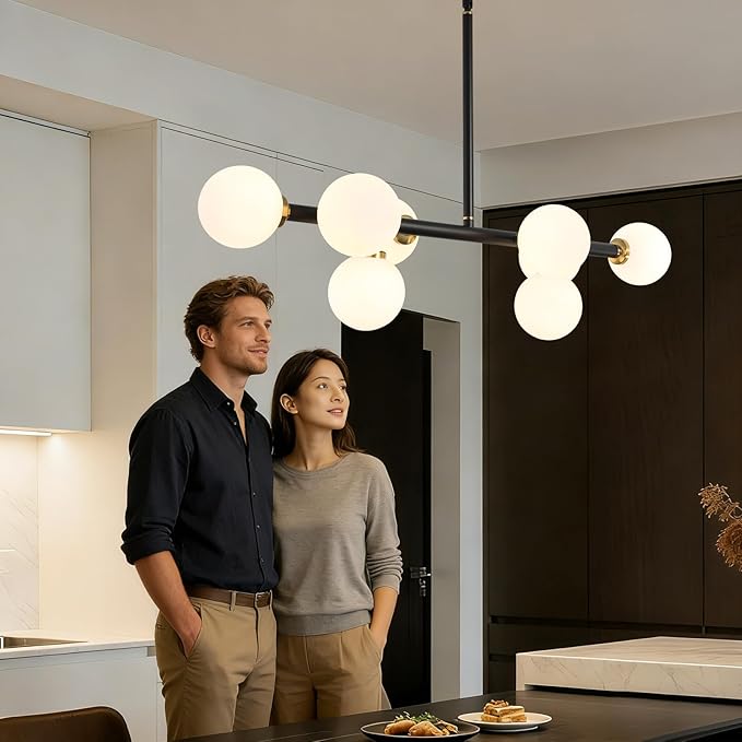 Sputnik Black and Gold Chandelier Pendant Linear Light Modern Mid Century Light Fixture White Globe Shade for Dining Living Room Kitchen Island 8-Light