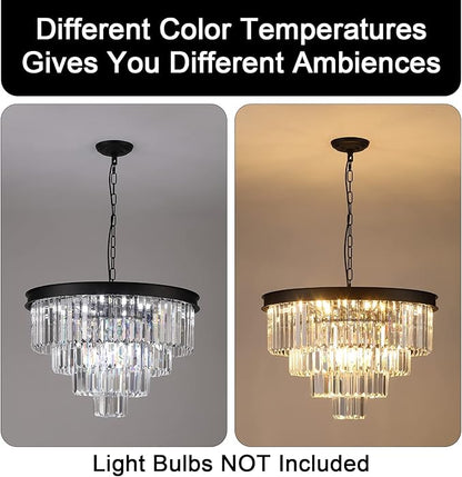 A AXILIXI Modern Crystal Chandeliers 24" Round Top K9 Crystals Chandelier Adjustable Ceiling Light Fixture 4-Tier K9 Crystal Pendant Lamp 12-Light for Dinning Room Living Room Foyer