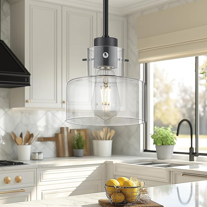 2 Pack Pendant Lights Kitchen Island, 6" Matte Black Pendant Light Fixtures Over Island with Clear Glass Shade, Modern Kitchen Island Lighting for Dining Room Entryway, PL124-MB-G-2PK