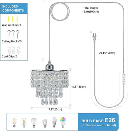 8" Hanging Lamp Plug in Chandelier Hanging Lights with Plug in Cord Pendant Light Plug in with 16.4ft Cord for Bedroom Kitchen Island Hallway Bathroom Closet (Chrome)