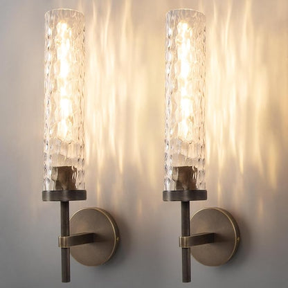 Bronze Wall Sconces Set of 2, 19.5" Brushed Brass Knurled Bathroom Wall Sconces with Water Ripple Glass Shade, Dimmable Indoor Vanity Wall Light Fixtures for Living Room Hallway Bedroom