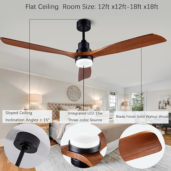 60” Ceiling Fans [with Lighting Remote], Indoor Outdoor Mute, Modern Wooden Ceiling Fan [with 3 Solid Wood Blades] for Patio, Living Room, Bedroom, Hallway.