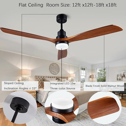 60” Ceiling Fans [with Lighting Remote], Indoor Outdoor Mute, Modern Wooden Ceiling Fan [with 3 Solid Wood Blades] for Patio, Living Room, Bedroom, Hallway.