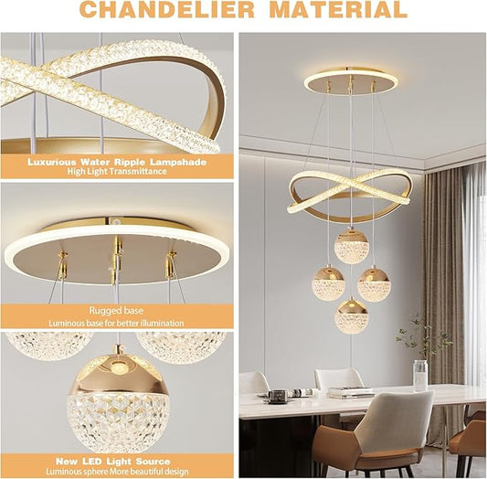 Gold LED Chandeliers, 3-Color Dimmable Pendant Light Dining Room Light Fixtures for Kitchen Island Adjustable Modern Chandeliers for Dining Room Living Room Bedroom
