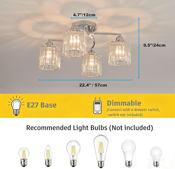 Crystal Chandelier, Modern Elegant Ceiling Light E26 Base Easy Installation Durable Metal Frame for Living Room Bedroom Dining Room, Silver (Style B)