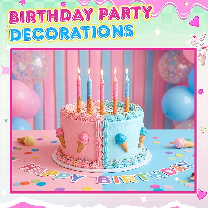 Conelist 12 Pcs Ice Cream Themed Birthday Candles Pink Blue Birthday Decorations Cartoon Movie Cake Toppers for Ice Cream Themed Party Supplies
