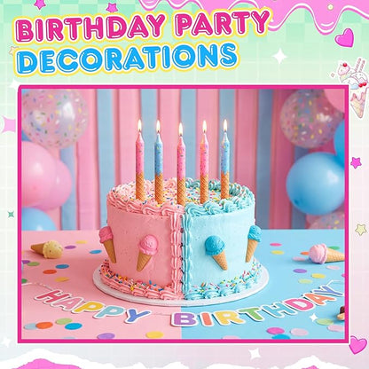 Conelist 12 Pcs Ice Cream Themed Birthday Candles Pink Blue Birthday Decorations Cartoon Movie Cake Toppers for Ice Cream Themed Party Supplies