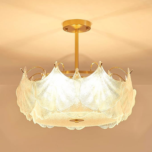 AGV LIGHTING Elegant Glass Chandelier Ceiling Light Fixture, Large Semi Flush Mount Ceiling Light, Gold Brass Finish with Frosted Glass Leaf Shades, Flush Ceiling Fixture for Bedroom, Dining Room