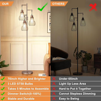 Ziisee Dimmable Floor Lamps for Living Room, Industrial Tree Standing Tall Lamps with 3 Elegant Cage Shade & 800 Lumens LED Bulbs for Bedroom Office - Brown