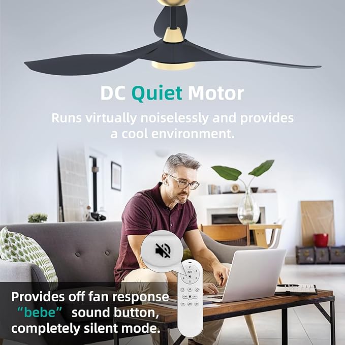 Roomratv Ceiling Fans with Lights and Remote Control,Quiet Noiseless Reversible DC Motor,6 Speeds,Timers, 3 CCT, Indoor Use, Plastic Blades,52 Inch Black and Gold Modern Ceiling Fan for Living Room