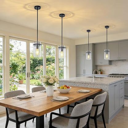 1 Pack Seeded Glass Pendant Lights Kitchen Island, 5.5" Hanging Farmhouse Pendant Light Fixtures, Black Pendant Lighting Island Lights for Kitchen Over Sink Entryway Hallway