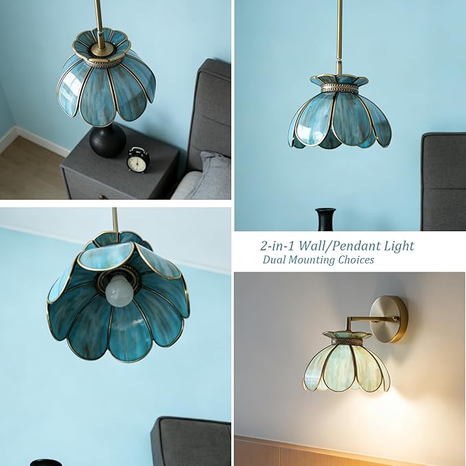 Vintage Brass Ceiling Pendant Light with Stained Lotus Flower Stained Glass Shade,Oriental Hanging Lamp or Wall Sconces Dual-Purpose, for Kitchen Island Dining Room Bedroom Living Room-7.9" Shade