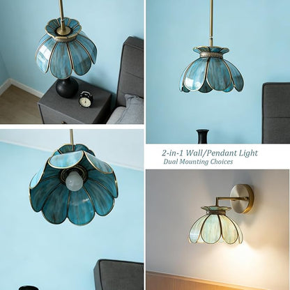 Vintage Brass Ceiling Pendant Light with Stained Lotus Flower Stained Glass Shade,Oriental Hanging Lamp or Wall Sconces Dual-Purpose, for Kitchen Island Dining Room Bedroom Living Room-7.9" Shade