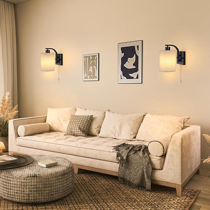 Lightess Pull Chain Wall Sconces Set of 2, Hardwire Wall Light Fixture with ON/Off Switch, White Fabric Lighting for Bedroom Living Room, Black (Bulbs Not Included)