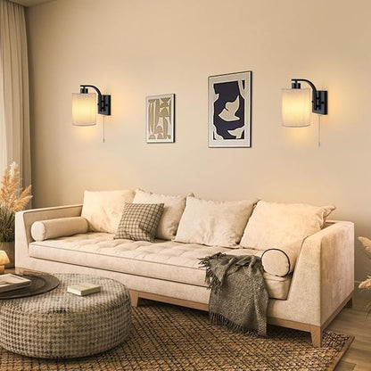 Lightess Pull Chain Wall Sconces Set of 2, Hardwire Wall Light Fixture with ON/Off Switch, White Fabric Lighting for Bedroom Living Room, Black (Bulbs Not Included)