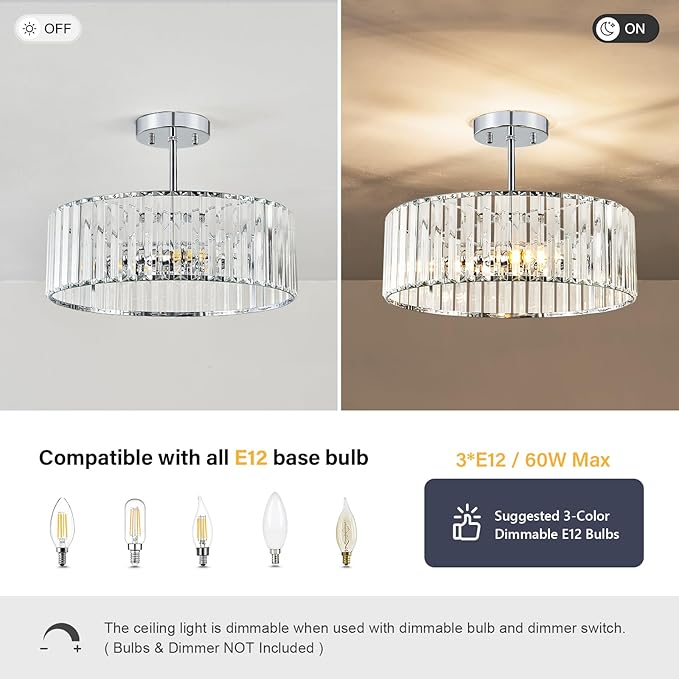 Pevfah Crystal Chrome Ceiling Light, Modern Semi Flush Mount Ceiling Lighting Fixture, Round Hallway Lighting Fixtures Chandelier for Kitchen Entryway Bedroom Dining Room, 3-Light, 15.7 Inch