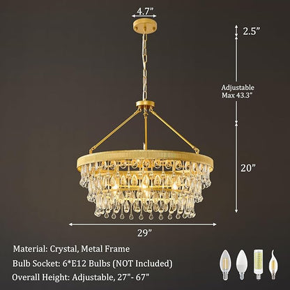 Gold Modern Raindrop Crystal Chandelier: 28" Round K9 Crystals 6-Light Contemporary Chandeliers for Dining Room Lights over Table - 3 Tiers Light Adjustable for Bedroom Living Kitchen Entryway Foyer