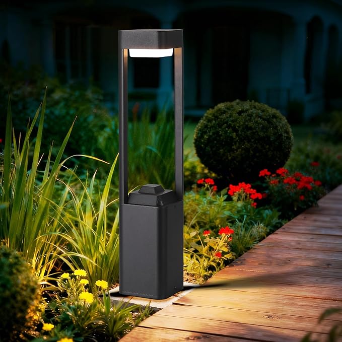 Outdoor Path Lighting Fixture 23.62In Outdoor Landscape Pathway Light Black Aluminum Modern Lawn Floor Light With 3000K LED Bollard Lighting Outside Housing Waterproof Post Lantern For Patio Entrance