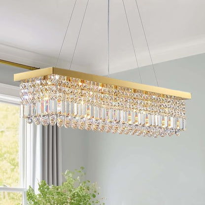 Gold Modern Crystal Chandeliers for Dining Room Kitchen Island Light Fixture, 8-Light Rectangle Chandelier for Living Room, L39.4 Inch