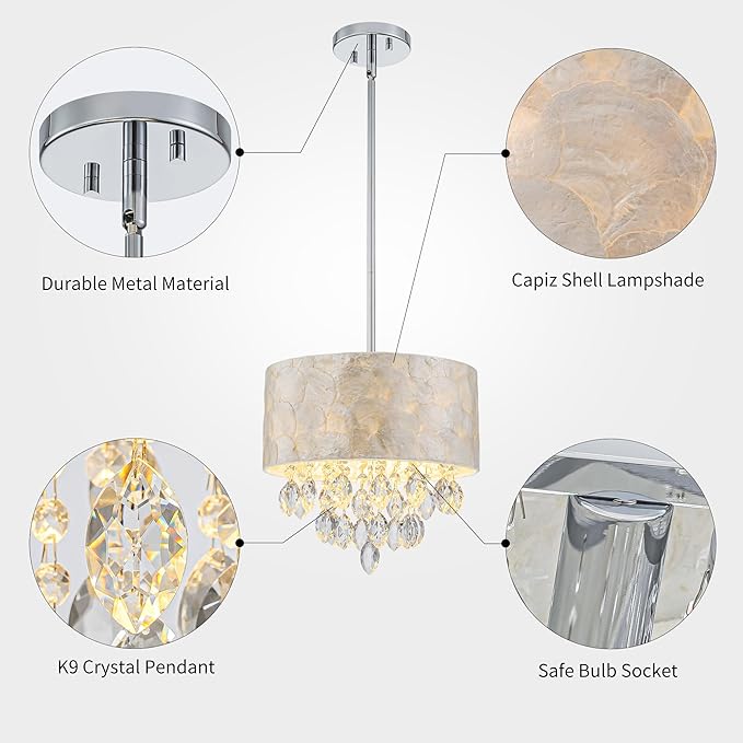 3-Light Drum Capiz Shell K9 Crystal Chandelier, Coastal Style Pendant Light Fixture for Dining Room, Living Room, D12 * H19~49 inch (Adjustable), Clear Crystal & Chrome Finish Frame