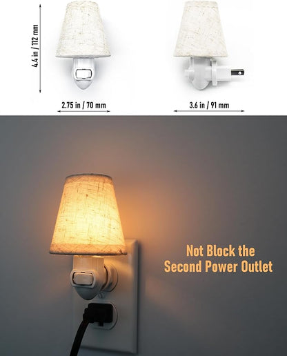 Vintage Plug in Night Light with Switch, 2-Pack 0.5W LED Night Lights Plug into Wall Socket, Soft Warm Baby Nursery Nightlight with Linen Fabric Lamp Shade for Adult Kids Room Bathroom Hallway