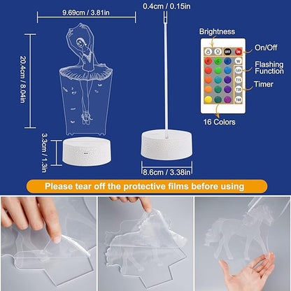 FULLOSUN Ballet Dancing Gifts, 3D Illusion Lamp Night Light with Remote Control 16 Colors Changing Gifts for Mom and Girls, Birthday Gift, Wedding Grandmother Graduation Gifts
