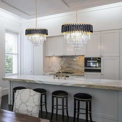 FRIXCHUR 20" Modern Crystal Chandelier 4 Tiers Black and Gold Chandelier Pendant Light 53" Long Chandeliers for Entryway Dining Room Living Room Hallway Foyer E12*7 (Exclud Bulbs)