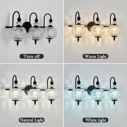 Piepooye Vintage Bathroom Light Fixtures Black Vanity Light with Glass Globe LampShade 3 Lights Mid Century G9 Bulb Wall Sconce Indoor Vanity Light Over Mirror for Kitchen Bedroom Farmhouse