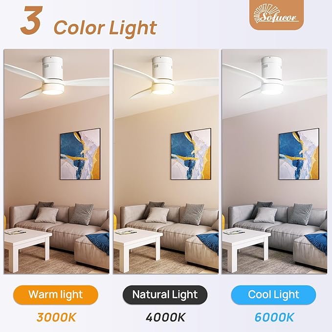 Sofucor 52 Inch Smart Ceiling Fans with Light-Modern Solid Wood Outdoor 3 Blades Ceiling Fan with Light Alexa/Google/APP/Remote Control for Bedroom Living Room Farmhouse Indoor, Quiet DC Motor,White