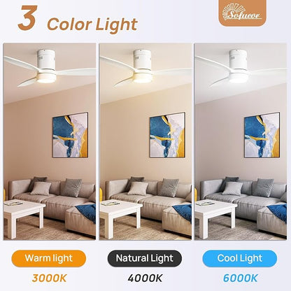 Sofucor 52 Inch Smart Ceiling Fans with Light-Modern Solid Wood Outdoor 3 Blades Ceiling Fan with Light Alexa/Google/APP/Remote Control for Bedroom Living Room Farmhouse Indoor, Quiet DC Motor,White