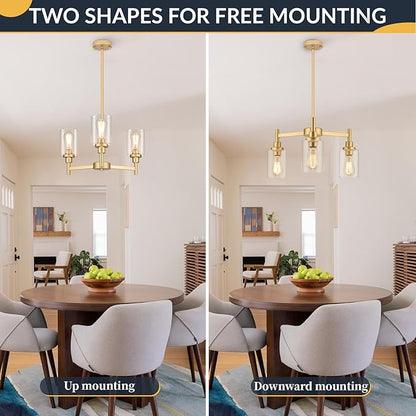 LIGHTDAMY 3-Lights Gold Chandeliers for Dining Room Light Fixture, Farmhouse Chandeliers Over Table, Hallway Lighting Fixtures with Glass Shade for Entryway Dining Room Kitchen Island Foyer