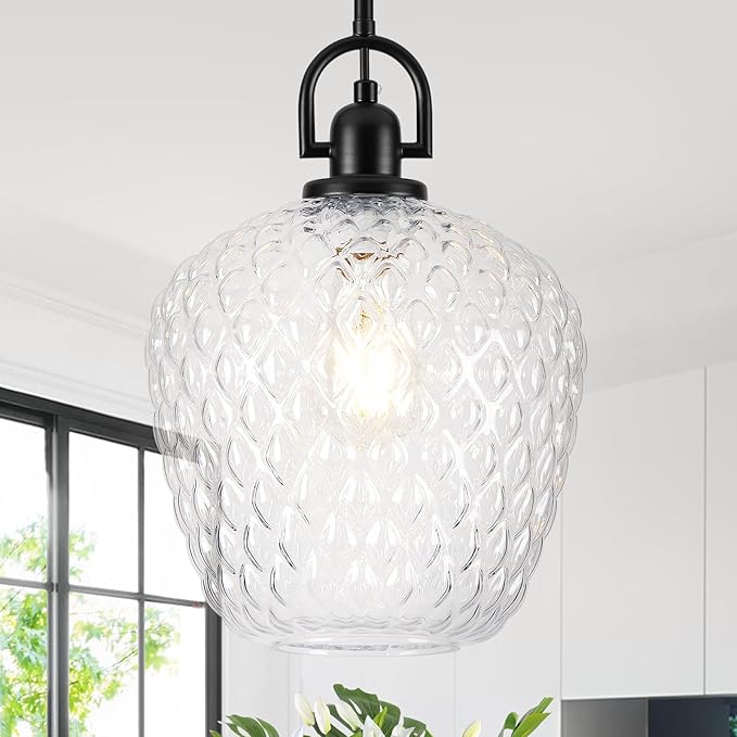 Large Glass Pendant Lights Kitchen Island, 10" 1-Light Black Pendant Light Fixtures with Hammered Glass, Modern Hanging Light for Kitchen Island Dining Room Entryway Foyer