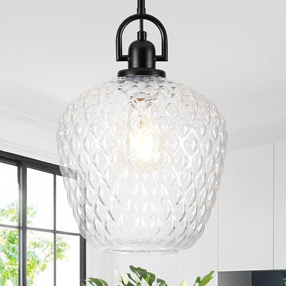 Large Glass Pendant Lights Kitchen Island, 10" 1-Light Black Pendant Light Fixtures with Hammered Glass, Modern Hanging Light for Kitchen Island Dining Room Entryway Foyer