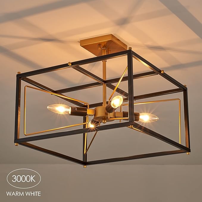 Industrial Semi Flush Mount Ceiling Light, Antique Brass Brush Paint and Black Finish Cage Mini Chandelier Mid Century for Porch Hallway Kitchen Bedroom Balcony 4-Light