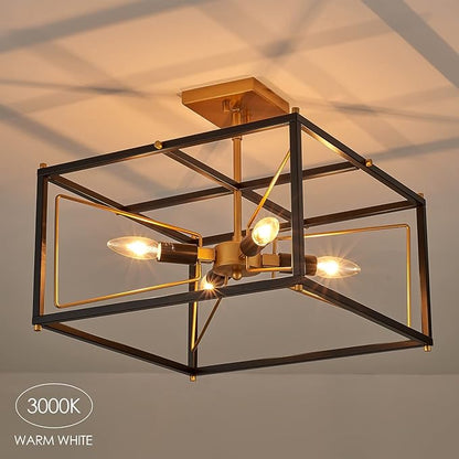 Industrial Semi Flush Mount Ceiling Light, Antique Brass Brush Paint and Black Finish Cage Mini Chandelier Mid Century for Porch Hallway Kitchen Bedroom Balcony 4-Light