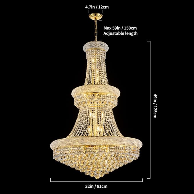 27-Lights High Ceiling Chandelier Modern Gold Crystal Chandeliers Large Foyer Chandelier Fixtures for Staircase Living Room Hallway Entryway