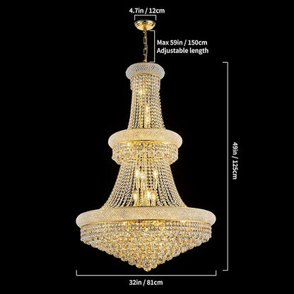 27-Lights High Ceiling Chandelier Modern Gold Crystal Chandeliers Large Foyer Chandelier Fixtures for Staircase Living Room Hallway Entryway