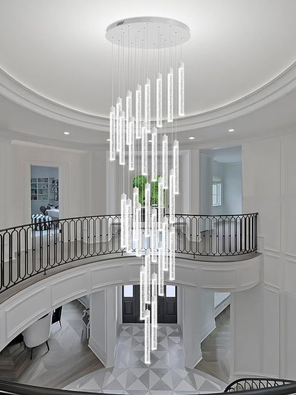 177'' Long Crystal Column Chandelier Silver 30-Light Extra Large Staircase Chandelier High Ceiling Dimmable LED Ceiling Lighting Foyer Entryway Light Source is Replaceable