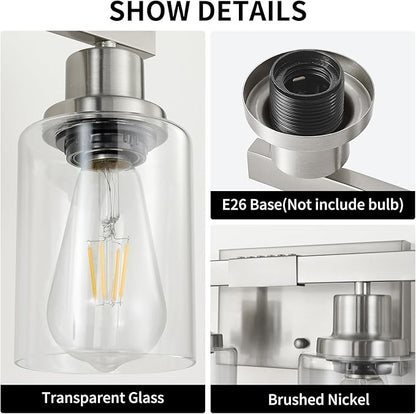 Bathroom Vanity Light, 6-Light Nickel Modern Matte Wall Sconce Lighting with Clear Glass Shade, Wall Lights,Bath Vintage Wall Mounted Lamps for Mirror Bedroom Living Room