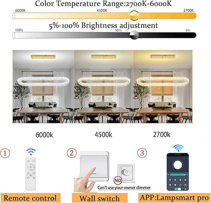 Large Led Gold Ring Chandelier for Living Room Modern 55in Linear Oval Chandeliers Over Table Crystal Ring Pendant Light for Dining Room Dimmable 3000K-6000K