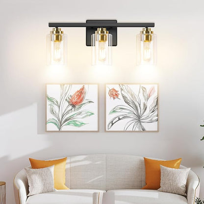 3-Light Bathroom Light Fixtures, 19" Modern Vanity Lights Over Mirror with Clear Glass Shades, Black & Gold Light Fixture, Classic Wall Light Fixture for Mirror Living Room Cabinet Bedroom Porch
