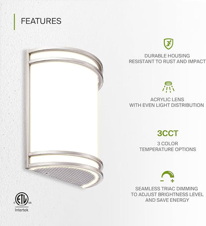 ASD LED Indoor Wall Mount Light Fixture - 10 Inch 15W Modern Interior Brushed Nickel Dimmable Wall Sconce Light - ETL 3000K 4000K 5000K Adjustable - Hallway, Bedroom LED Wall Lights